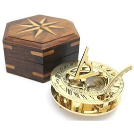 Nautical Solid Brass sundial compass With Solid Brown Wooden Box