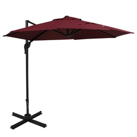 Outsunny 10ft Offset Patio Umbrella with Base, Hanging Aluminum and Steel Cantilever Umbrella with 360° Rotation, Easy Tilt, 8 Ribs, Crank, Cross Base for Poolside, Garden, Red