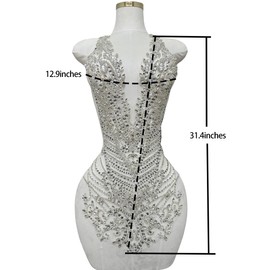 Handmade Rhinestones Large Bodice Applique Glass Stones Beads Bright Crystal Lace Patches Accessories for Weding Dress Decorations (Silver)