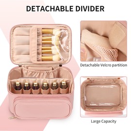 Travel Makeup Bag, Portable Cosmetic Bag with Makeup Brush Organiser Large Capacity Make up Case Water-Resistant Toiletry Bag for Women Travel Essentials, Large Pink