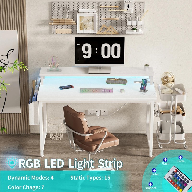 Lufeiya Small White Desk with LED Lights and Power Outlets,