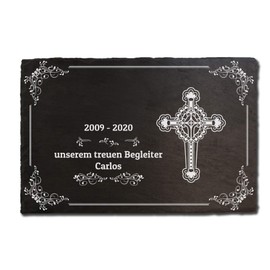 elbedruck Slate Plaque Memorial Stone with Cross Gravestone Approx. 20 x 30 cm Engraved with Desired Text and Name, Also Possible as Bell Sign, Door Sign, Motif B (without Holes)