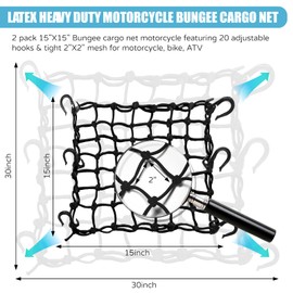 TKKEUEP 2 Pack 15"X15" Motorcycle Cargo Net Stretches to 30"x30", 2"x2" Tight Mesh,Total 20 Hooks, Cargo Nets for Motorcycle Luggage Bike Basket, Luggage Rack ATV Rack Snowmobile Cargo Helmet Net