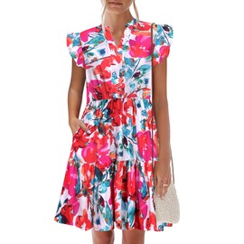 HOTOUCH Summer Dresseses for Women Cute Tunic Ruffle Swing Babydoll Sundress Spring Dresses for Women, Red Flower Print M