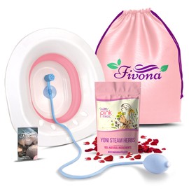 Fivona Yoni Steam Kit 4-in-1 Set Herbal Therapy, Steaming Herbs Pink Magic 1.76oz for 2-4 Sessions, Expandable V Steam Seat, Hand Pump, Drawstring Storage Bag Cleansing PH Balance Fertility Increase