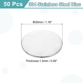 sourcing map 50Pcs Stainless Steel Disc, 1 3/16"(30mm) Dia 0.06"(1.5mm) Thick 304 Stainless Steel Flat Round Sheet Blank Round Circle Plate for Crafts Metal Stamping and Jewelry Making