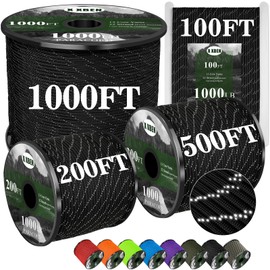 X XBEN Paracord Reflective 1000lb, 50/100/200/500/1000ft 4mm, 13 Strand Parachute Spool Cord, Heavy Duty Paracord Rope for Camping, Fishing, Hiking, Hunting, DIY Crafts, Black