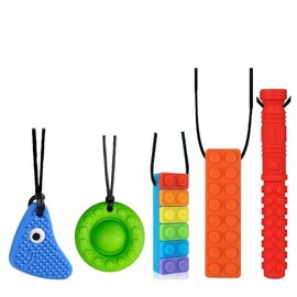 Collares masticables para niños sensoriales, paquete de 5 juguetes sensoriales de silicona para masticar de múltiples estilos, collar masticable, ayudas motoras sensoriales, joyería masticable de
