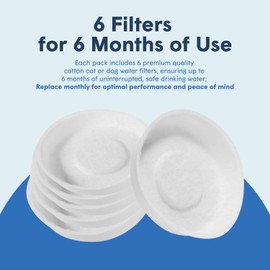 Cotton Filters for Always Full® Pet Water Bowl | Traps Debris, Hair, and Impurities, Easy Replacement, 6 Pack of Filters Allows Up to 6 Months of Use, Cat & Dog Water Bowl Filter - 0.12 lbs