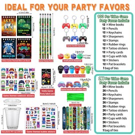 RoundFunny 265 Pcs Video Game Party Favors Gamer Birthday Party Decorations Gamer Cups Notebook Pencils Sharpener Keychain Slap Bracelets Ring Stamp Sticker for Gaming Supplies Reward Gift