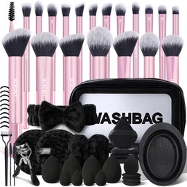 57Pcs Pink Makeup Brushes Set Professional with Case Premium Synthetic for Foundation Concealer Blush Eye Shadow Powder Eye & Face Make up Brush Kit with Beauty Blender Sponge Set Tools