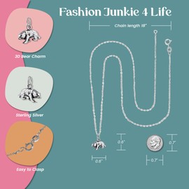 FashionJunkie4Life Sterling Silver Small 3D Bear Charm Necklace, 18" Chain