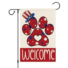Wodison 4th of July Garden Flag Patriotic Dog Paw Print Welcome 12x18 Inch Double Sided Burlap Yard Flags Independence Day Memorial Day Yard Outdoor Decoration