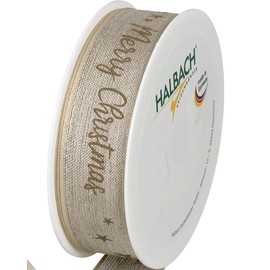 Halbach Seidenbänder Premium Linen Christmas Gift Ribbon, Width 25 mm, Length 15 m, Christmas Ribbons with Wire for Gifts and Christmas Tree, Made in Germany, Colour: Natural/Linen