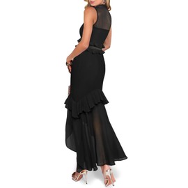 SEBOWEL Women's Elegant Mesh Long Dress with Ruffled Hem and Delicate Frill Detailing Party Maxi Dress,Black,L