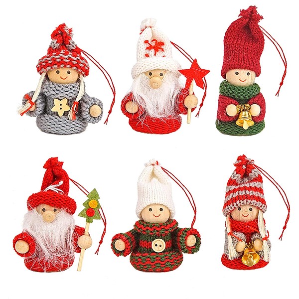 BRUBAKER 6-Piece Set Knitted Christmas Tree Hanging Dolls - Wood & Knit - Decoration - Ornaments