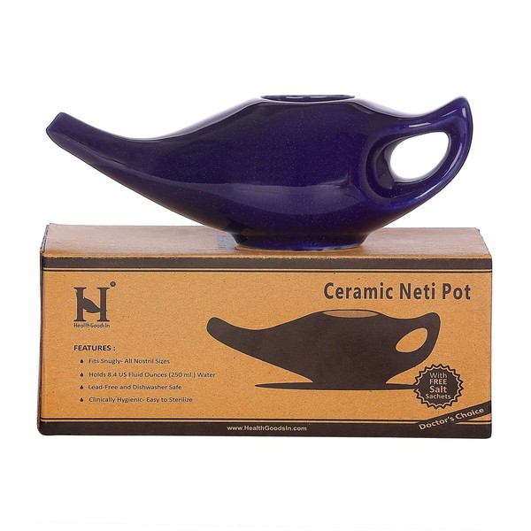 HealthGoodsIn Ceramic Neti Pot, Dishwasher Safe, Premium Handcrafted with Salt for Sinus - 225 Ml. Capacity - Elegant Violet