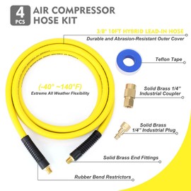 FYPower Air Compressor Whip Hose 3/8 Inch x 10 Feet Lead in Hybrid Hose with Fittings, Flexible and Kink Resistant, 1/4" Industrial Quick Coupler and Plug Kit - Yellow