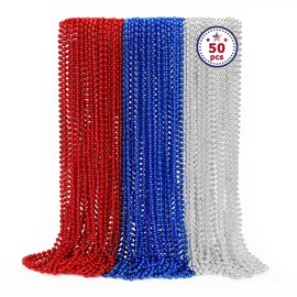 4th of July Necklace Party Favors, 50PCS 4th of July Round Beads Necklace Bulk, Fourth of July Red Blue Silver Necklace, Independence Day Beads Bulk for Patriotic Parade Party Celebration Favor Decor
