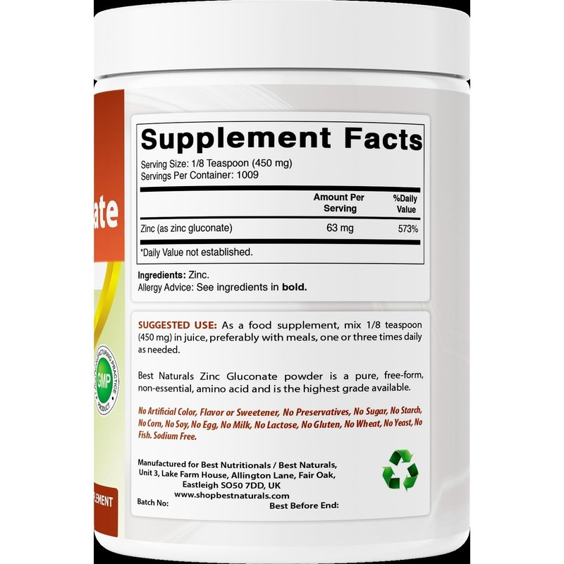 Best Naturals Zinc Gluconate Pure Powder 1 Pound