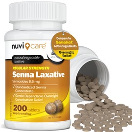 NUVICARE Senna Laxative Tablets 8.6 mg – Natural Senna Leaf Laxative for Occasional Constipation Relief, Compare to Senokot, Gentle Vegetable Laxatives, 200 Count