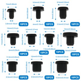 100-Pack Silicone Rubber Hole Plugs for Round Holes, 10 Sizes T-Shaped Plastic Hole Plugs, Rubber Stoppers, Black High Temp Waterproof Sealing Caps for Pipes, Tubes, Test Tube Plug