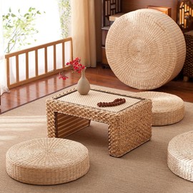XUJIQI Tatami Floor Pillow Sitting Cushion, Round Pouf Floor Seat Cushion Hand-Woven Tatami Seat Cushion Floor Straw Mat Soft Yoga Mat for Outdoor Seat