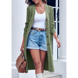 Imily Bela Women's Long Cable Knit Open Front Cardigan Long Sleeve Autumn Winter Knitted Cardigan with Pockets, Army Green
