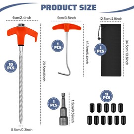 KITERI 10 Pcs Screw In Tent Pegs, 8 Inch Tent Pegs Hard Ground Awning Pegs Heavy Duty Camping Pegs With Tent Peg Extractor Hexagon Socket and Storage Bag for Hard Ground Camping Tarpaulin