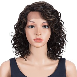 Rebecca Fashion Curly Lace Front Wigs Human Hair 12" Water Wave Side Part Human Hair Wigs for Black Women Hightlight Brown, DAISY, F1B/30