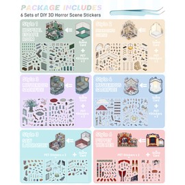 6 Sets DIY 3D Terror Stickers Scene for Adults Teen, Spooky 3D House Sticker Therapy Scary Scene Decals, Make Your Own Room Scenes Sticker，Relief Stress Pass The Time,Crafts Party Favors