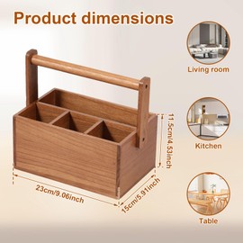 Wood Silverware Caddy with Handle, 4 Compartments Utensil Holder Kitchen Cutlery Holder, Multipurpose Organizer for Farmhouse Kitchen Decor, Countertop Organizer and Cookware Storage 9.05x5.9x4.52inch