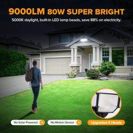 LUTEC 80W Dusk to Dawn Flood Lights Outdoor, 9000LM Super Bright LED Security Light with Photocell, IP65 Waterproof, 5000K Daylight, Hardwired 4 Heads Floodlight for Garage, Yard (Black)