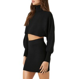 Forever 21 Sweater-Knit Turtleneck Top & Skirt Set Black Medium