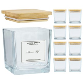 Creahaus 9pack, 10oz Square Candle Jars with Bamboo Lids, Thickened Glass Candle Containers with Warning Labels, Empty Candle Vessels for Candle Making DIY Craft