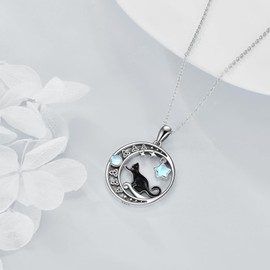 YAFEINI Cat Necklace Sterling Silver Moonstone Black Cat Jewellry Gifts for Women and Cat Lovers