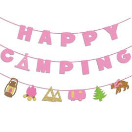Kristin Paradise Happy Camping Banner, Glamping Party Sign Decorations for Girl, Pink Camper Theme Supplies, Camp Birthday Themed Decor