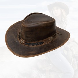 RiderVibe Cowhide Leather Hat for Men and Woman Cowboy Western Steampunk Hat Deadman Top Hat (Wheat Ear, Brown, L)