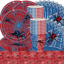 61Stk Spider Tableware Party Set, Spider Theme Birthday Supplies, Jungen und Mädchen Party Dekorationen, Kinder Geschirr Set enthält Teller Tassen Papierhandtücher Tischdecken für 20 Personen