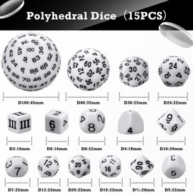 Civaner 15 Pcs Complete Polyhedral Dice Set D3-D100 Spherical RPG Dice Set in Opaque Black, 100 Sides for Role Playing Table Games Party Supplies(White and Black)