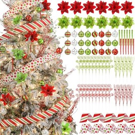 Gemscream 80 Pcs Christmas Tree Ornaments Set Red and Lime Green Decoration Set with Imitation Flowers Ribbon Xmas Ball Ornaments Branch Icicle for Christmas Tree Decoration Holiday Indoor Home Decor