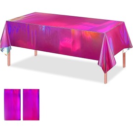 OQOQ Iridescent Table Cloths (2 Packs，Hot Pink) - 137x274cm Rectangular Plastic Table Cover Disposable Tablecloth Birthday Decorations Waterproof Foil Bachelorette Party Disco Party
