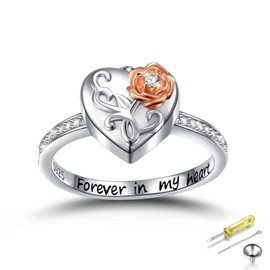 HOOHWE Urn Rings for Ashes for Women, 925 Sterling Silver Rose Flower Urn Ring Hold Loved Ones Ashes Forever In My Heart Keepsake Memorial Jewelry Cremation Rings for women