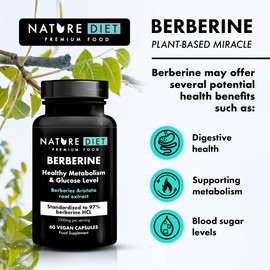 Nature Diet Berberine - 1000mg Berberine HCL per Serving - 60 Vegan Capsules - Supports Metabolism & Glucose Levels