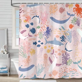 Lacoiime - Cortina de ducha de tiburón con diseño de tiburón, color rosa, bohemio, diseño abstracto de animales subacuáticos, con dibujos animados, cortinas de ducha de tela colorida para decoración
