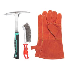 HARFINGTON 3pcs 28oz Welding Chipping Hammer with 9.8" Welding Steel Wire Brush and 14" Welding Gloves Slag Remove Tool Kit for Rock Pick Forged Brick, White