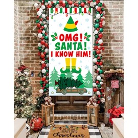 OMG Santa I Know Him Door Banner for The Elf Christmas Decorations, Funny Christmas Door Decorations, Santa Holiday Vacation Christmas Holiday Vacation Novelty Christmas Decorations OMG