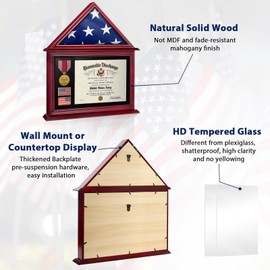 ASmileIndeep Flag Display Case Box for Folded 3'x5' American Flag Solid Wood Military Flag Certificate Shadow Box with Wall Mount Display Flag Frame Holder for Badges Medals (Mahogany)