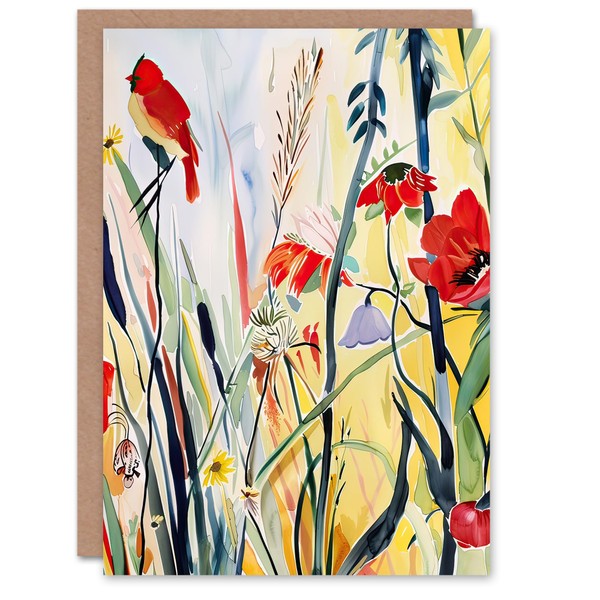 Artery8 Greeting Card Northen Cardinal Bird Watercolour Spring Flowers Blank
