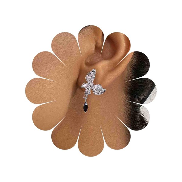 TseenYi Boho Butterfly Earrings Silver Crystal Butterfly Earrings Black Drop